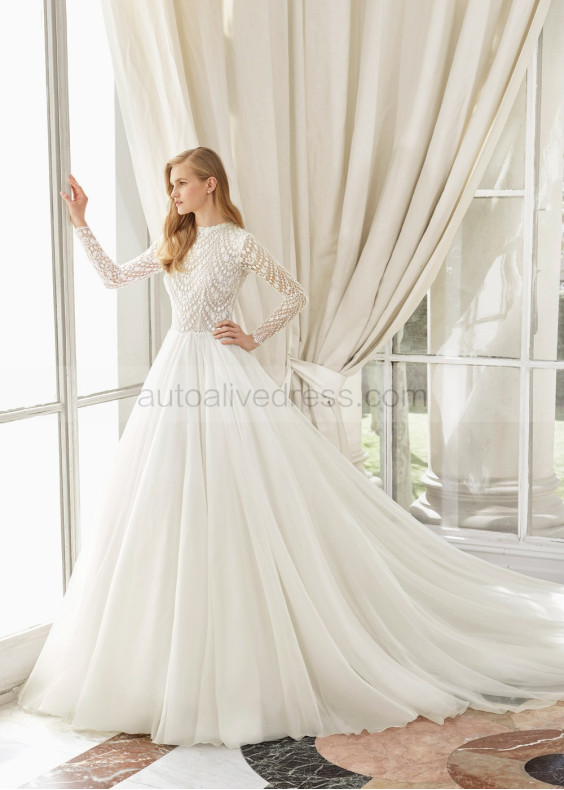 Classic Long Sleeves Beaded Lace Tulle Wedding Dress